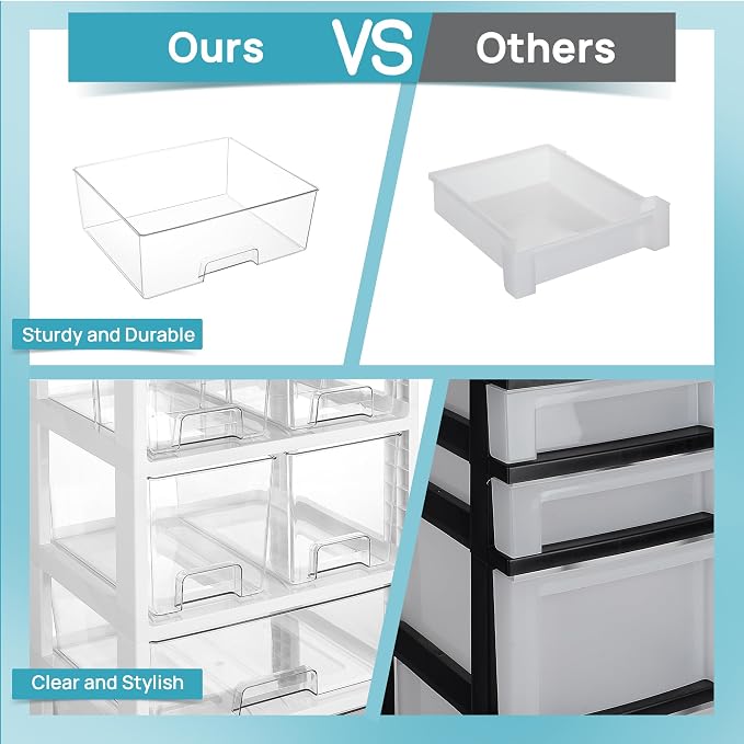 Vtopmart Drawer Storage Organizer,4 Tier 6 Drawers with Wheels, Clear | Clear Drawers with Multiple Sizes Keep Supplies Visible. Sturdy for Bathreoom, Office, Under Desk, Crafts & Art Storage. - Image 8