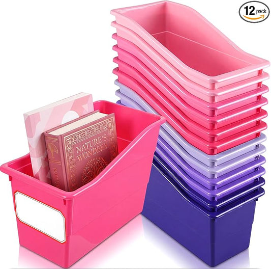 Teling 12 Pcs Book Bins Bulk for Classroom Storage Plastic Magazine Holder with Label Interlocking File Folder Organizer Binder Container Box for School Office Desktop Bookshelf Home (Pink Purple) by Teling