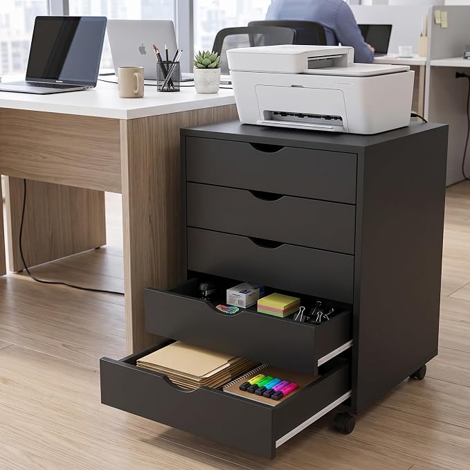 5 Drawer File Cabinet with Wheels, Under Desk Storage Drawers, Black | 5 Drawers File Cabinet with Wheels for Under Desk Storage, Office Organization and Small Printer Stand - Image 2