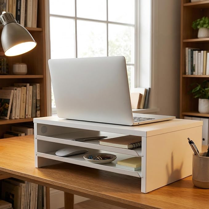 Fenge 14.3-Inch Monitor Stand with Slide-Out Trays, Wood & Metal Desk Shelf | 3-Tier Space-Saving Desk Storage Organizer, Fits Computer, Laptop, Printer and Telephone - Image 6