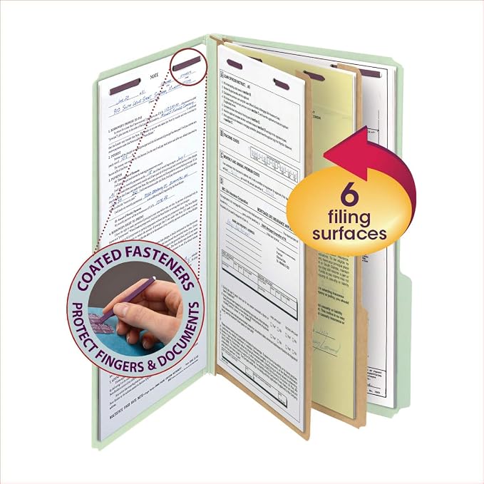 Smead Pressboard Classification Folder with SafeSHIELD Fasteners, 2 Dividers, 2" Exp, 1/3-Cut Tab, Legal Size, Gray/Green, 10 per Box (19215) - Image 2