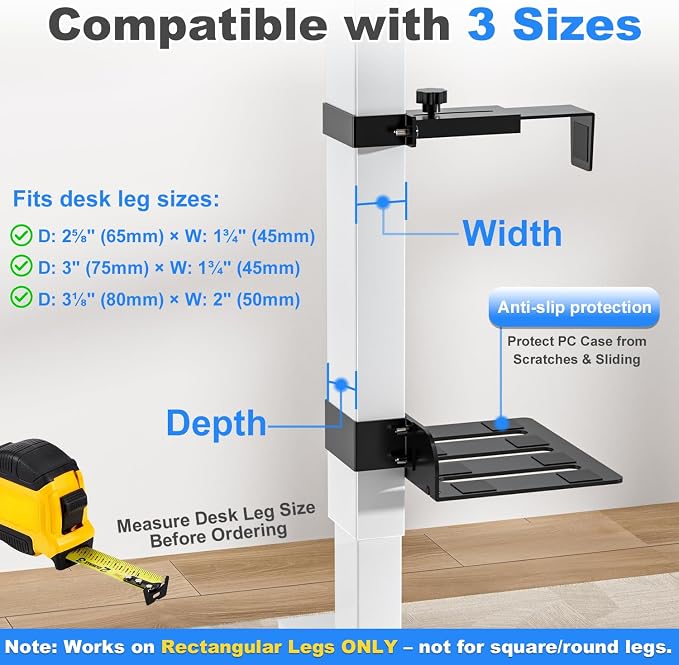 Under Desk PC Mount - Fits 3 Fixed Desk Leg Sizes, CPU Holder Under Desk | No Drilling 40 lb Capacity, Adjustable Clamp-on Desk Leg PC Mount for Standing Desk, with Non-Slip Pads, White - Image 3