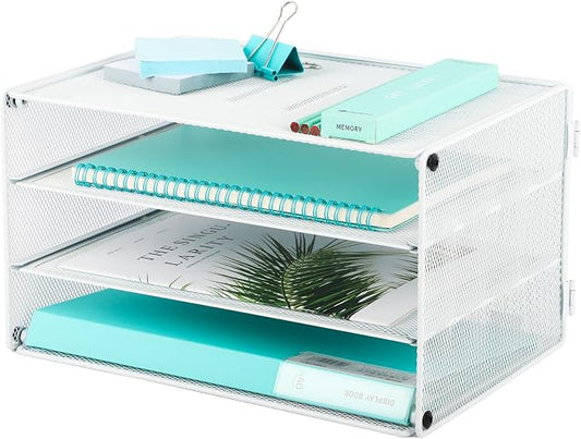 3 Tier Mesh Desk Organizer Tray, Desktop Mail File Paper Letter Folder Holder Sorter Organization Rack Storage Accessories for Office Home School Classroom, White by EASEPRES