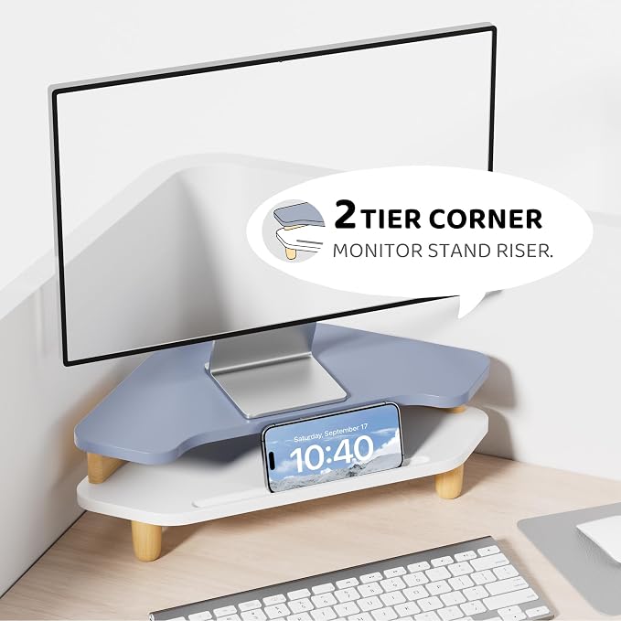 AFOOYO Monitor Stand Riser,2 Tier Corner Wood Sturdy 16.5In Computer Stand, Multi-Purpose Desktop Storage Stand for Laptop,PC,iMac,Printer,Computer,Blue - Image 2