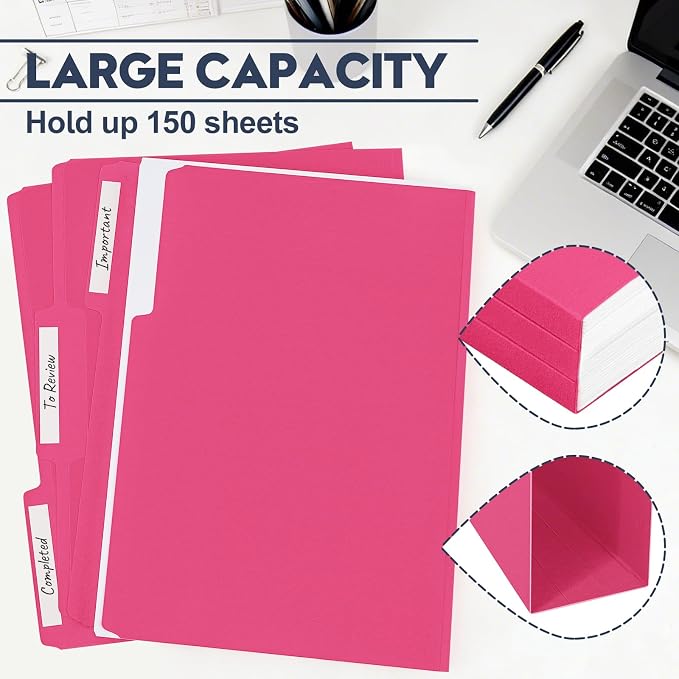 File Folders,Colored File Folders Letter Size,8.5" x 11",150 Pack 1/3 Cut Tab Durable Paper Bulk Folders with Blank Labels,File Folders for Office Business Home School Use,Magenta - Image 4