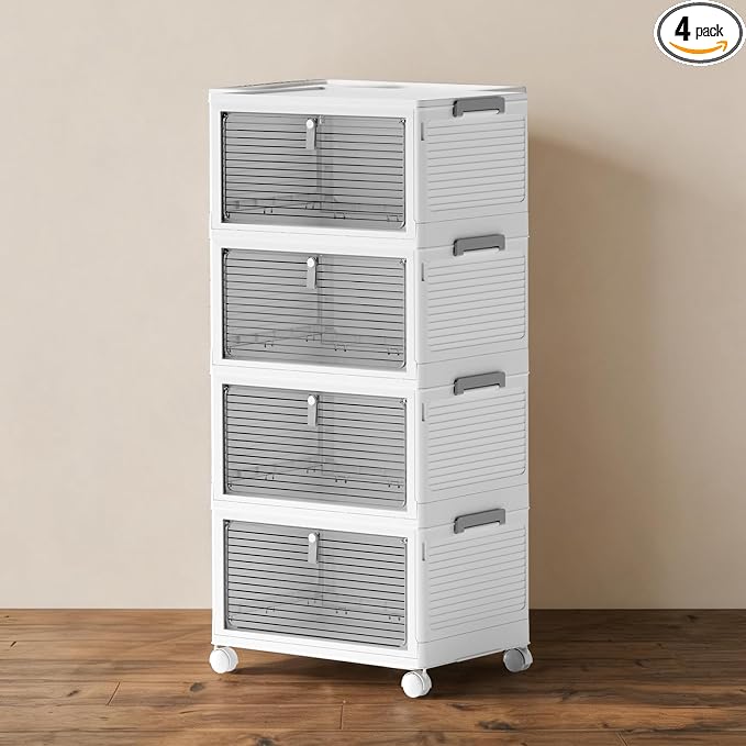 23QT Stackable Storage Bins with Lids and Wheels, 4 Tier 92QT Foldable Plastic Storage Drawers with Magnetic Doors, 4 Pack Collapsible Closet Organizer for Bedroom Office, White by WelcometoCOLLEFUN