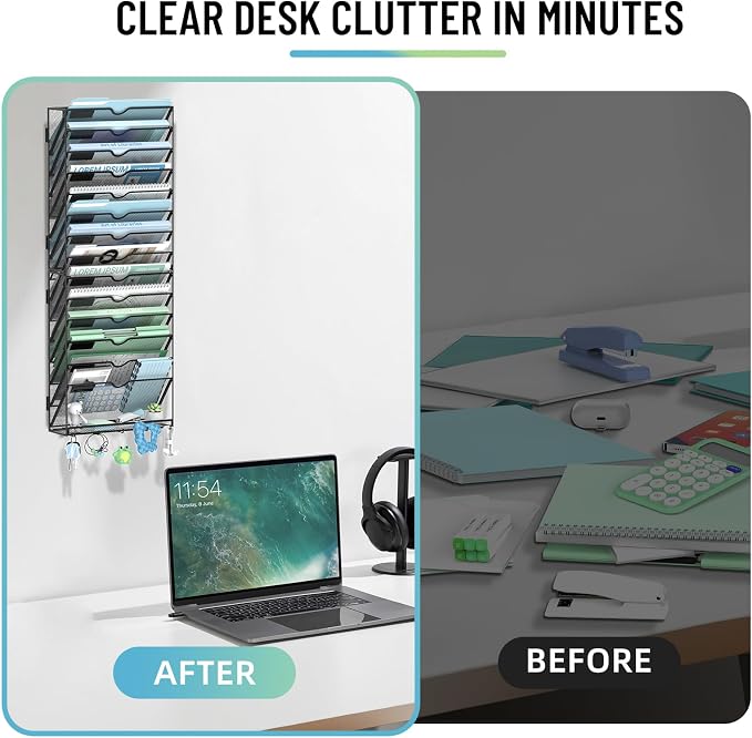 15-Tier Wall File Organizer with 5 Hooks, Wall Mounted Mail Organizer | File Holder Organizer, Metal Mesh Office Wall Organizer for Home, School & Classroom - Image 4