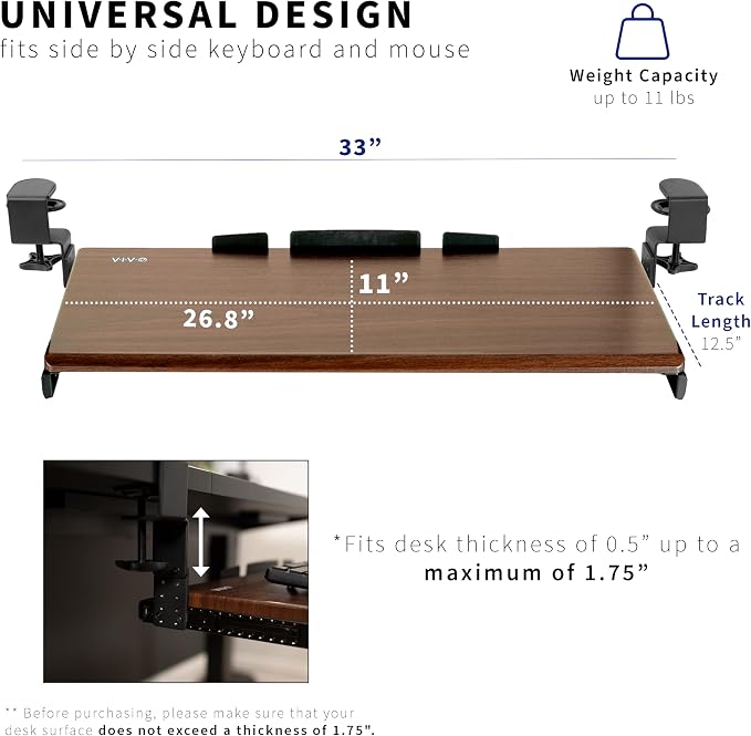 VIVO Large Height Adjustable Under Desk Keyboard Tray, C-clamp Mount System, 27 (33 Including Clamps) x 11 inch Slide-Out Platform Computer Drawer for Typing, Dark Walnut, MOUNT-KB05HD - Image 4
