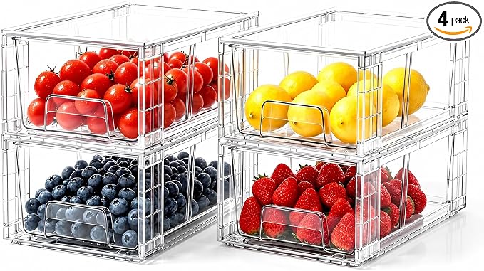 4 Pack Stackable Storage Drawers with Handles, Easy Assembly Clear Acrylic Fridge Organizer, Refrigerator Organizers and Storage for Kitchen, Under Sink, Pantry, Bathroom by Unknown