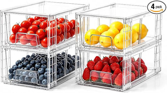 4 Pack Stackable Storage Drawers with Handles, Easy Assembly Clear Acrylic Fridge Organizer, Refrigerator Organizers and Storage for Kitchen, Under Sink, Pantry, Bathroom by Unknown