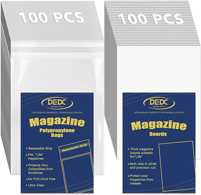100 Pcs Magazine & Comic Book Protector Sleeves with 100 Backing Boards - Full Archival Set, Acid-Free Plastic Sleeves & Hard Boards for Collectors (28x36cm) by DEDC