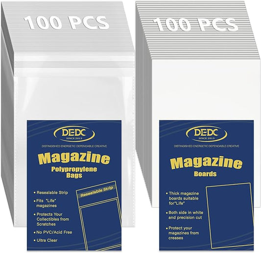100 Pcs Magazine & Comic Book Protector Sleeves with 100 Backing Boards - Full Archival Set, Acid-Free Plastic Sleeves & Hard Boards for Collectors (28x36cm) by DEDC