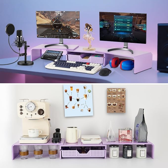 LEKETREE Dual Monitor Stand Riser with Drawer, Desk Organizer and Accessories, Metal Laptop Stand for Desk, Workspace Desktop Stand for Computer, Laptop, TV and More (Purple) - Image 4