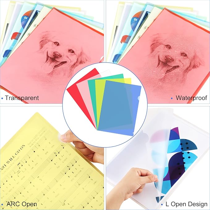 100 Pack Plastic Document Folders Colored Clear File Folders Plastic Pockets Sleeves Letter Size 8.7 x 12.2 Inches A4 Assorted Colors for Office Supplies (Multicolor) - Image 3