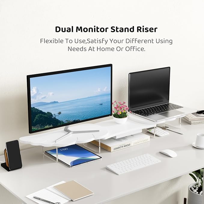 AFOOYO Dual Monitor Stand Riser, Wing-Shaped Sturdy Desktop Wood Stand for 2 Monitors, White Riser for Laptop, PC, Computer - Image 2