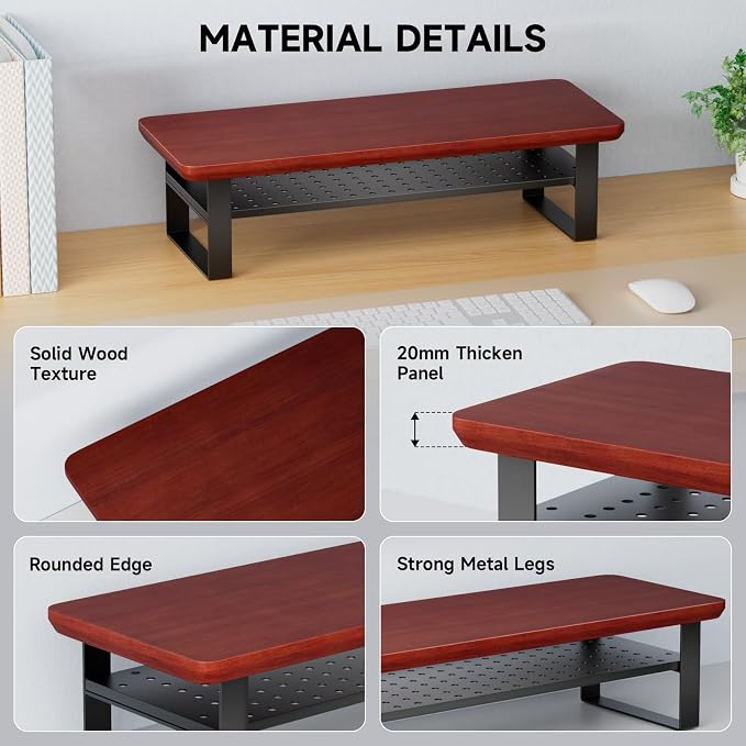 Monitor Stand Riser, 24 Inch Computer Monitor Stand for Desk, 2-Tier Wood Desk Shelf Organizer with Storage, Desktop Stand for Laptop/Screen/PC/Printer, Ergonomic Home Office Monitor Stand - Image 5