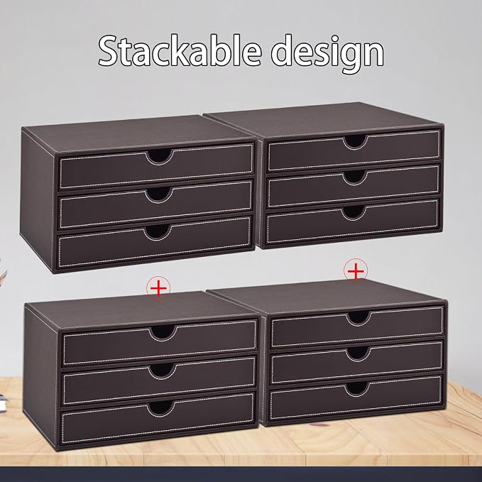 PU Leather Desk Organizer with 3 Drawers,Executive Office Supplies Desktop Filing A4 File Cabinet/Holder for Jewelry/Bill/Paper/Documents/Makeup Home Decor Stationery Storage Box,Brown - Image 6