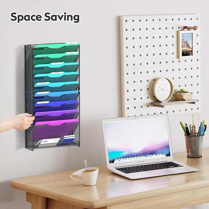 samstar 10 Tier Wall File Organizer, Hanging Wall Mount File Holder Paper Folder Mail Organizer, Mesh Metal, Black. - Image 2