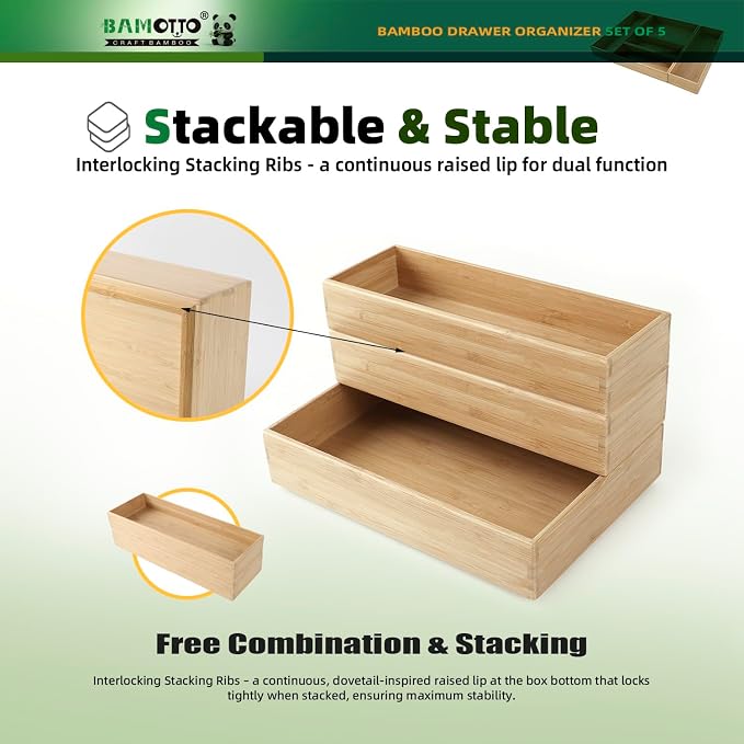 BAMOTTO CRAFTBAMBOO Stackable Bamboo Drawer Organizer Set of 5 for Kitchen | Utensil Cutlery Tray | Flatware & Silverware Organizer | Office & Bathroom | 13.4"×4.5"(×2) / 10.2"×3.3"(×2) / 10.2"×6.7" - Image 3