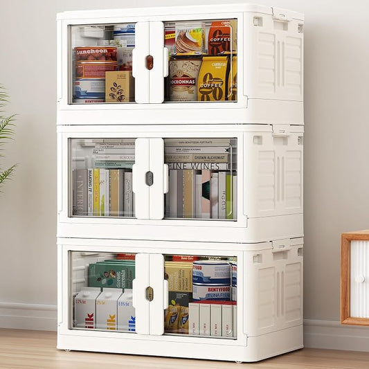 BROVIEW 345Qt Stackable Storage Bins with Individual Lids & Wheels, Large Plastic Collapsible Latching Boxes Closet Organizers and Storage Cabinet Shelves Units for Home Kitchen Dorm, 3-Pack White by BROVIEW-EnjoytheArtofLife