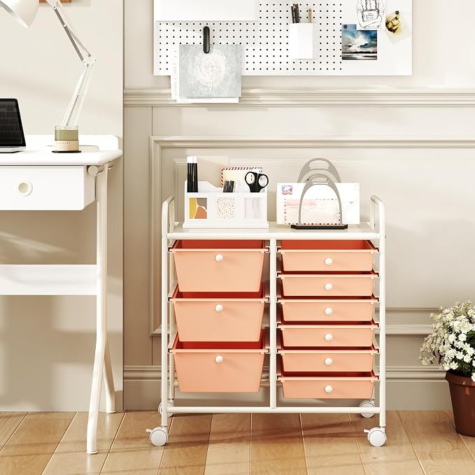 COSTWAY Rolling Storage Cart with 9 Drawer, Utility Cart with Metal Frame | Mobile Art Supply Craft Organizer, Multipurpose Storage Organizer for Paper, Office, School Teacher, Classroom, Peach - Image 2
