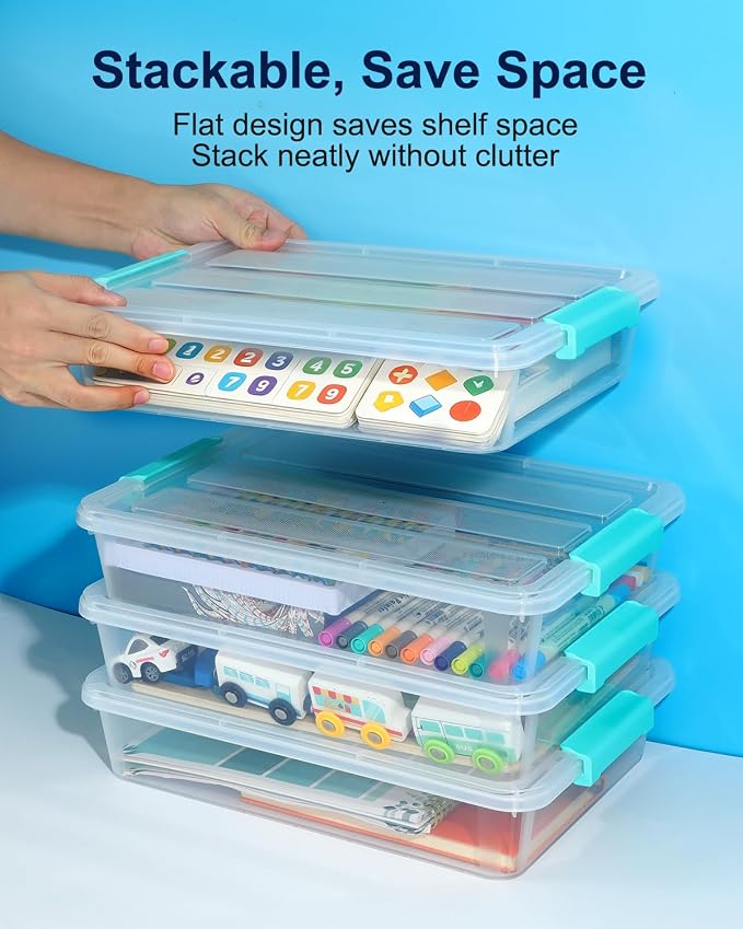 EOENVIVS 4 Pack Clear Storage Bins with Lids, A4 File Boxes, Green Latches | Craft storage bins sensory bins A4 paper US Letter paper classroom art supplies project organization - Image 3