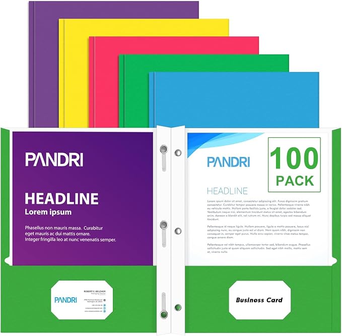 Two Pocket Folders, PANDRI 100 Pack Two Pocket Folders with Prongs, Designed for Office and Classroom, Assorted 5 Colors 2 Pocket 3 Prong Folders by PANDRI