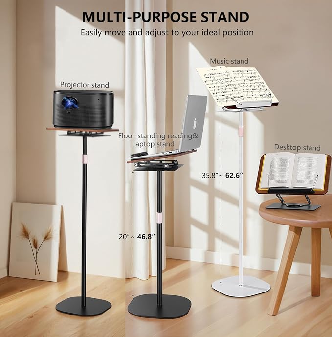 2-in-1 Adjustable Floor & Desktop Music Book Stand, Black | Detachable Reading Holder, Height 36"-62", 360° Rotating, For Music, Laptop, Cookbook - Image 3