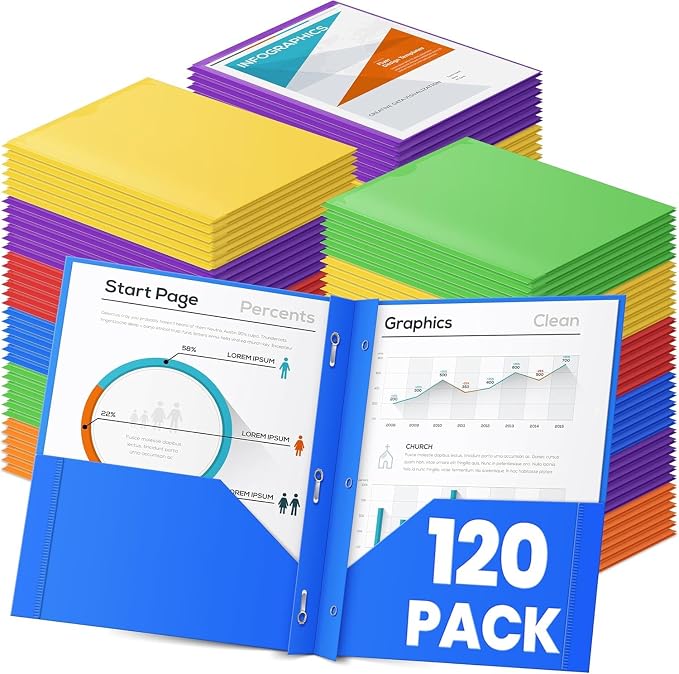 Officygnet 120 Pack 2 Folders with Pockets and Prongs, Heavy Duty Plastic Folder with Clear Front Pocket and Brads, Durable Bulk Assorted Colors File Folders for Office and School Supplies by Officygnet