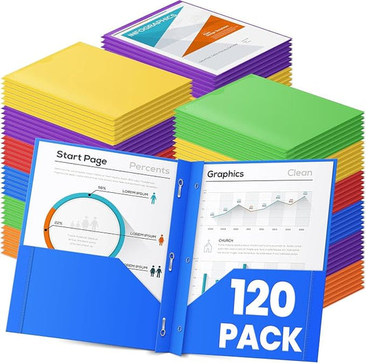 Officygnet 120 Pack 2 Folders with Pockets and Prongs, Heavy Duty Plastic Folder with Clear Front Pocket and Brads, Durable Bulk Assorted Colors File Folders for Office and School Supplies by Officygnet