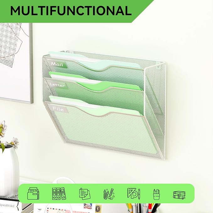 3 Pockets Hanging Wall File Organizer Mail Holder, Wall Mounted Paper Document Folder Holder, Clipboard Storage Organization Magazine Rack, Silver - Image 6