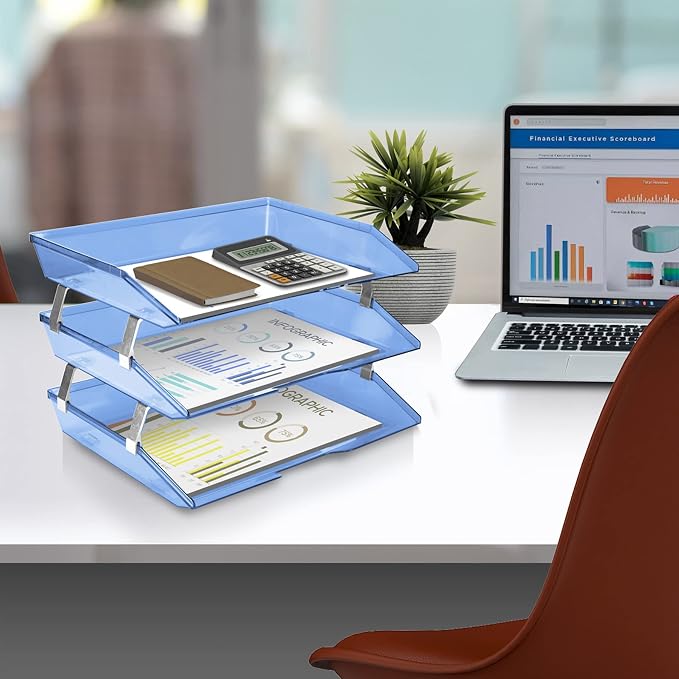 Acrimet Facility 3 Tier Letter Tray, Side Load, Letter Size/A4, Desktop File Organizer, Plastic (Clear Blue Color) | Document Tray with Aluminum Rods - Image 3