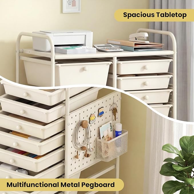 GOFLAME 15-Drawer Rolling Storage Cart with Pegboard, Craft Storage Cart with Lockable Wheels and Metal Frame, Art Cart Supply Storage Organizer for Home Office Classroom, White - Image 5