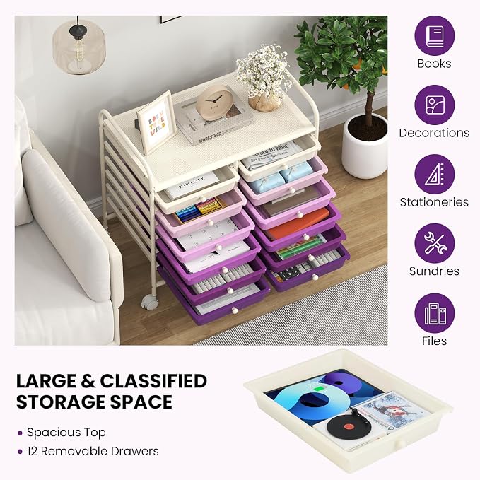 Giantex 12 Drawers Rolling Cart, Mobile Storage Drawer Cart, Classroom Organizer Cart for Office School Supplies Tools Scrapbook Paper Craft Small Printer, Utility Cart on Wheels, Purple Gradient - Image 7