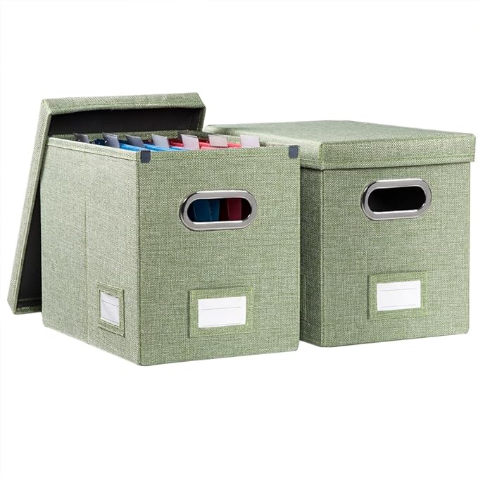 File Organizer Box - Set of 2 Collapsible Decorative Linen Filing Storage Hanging File Folders with Lids Office Cabinet Letter Size Green (14x9.3x10.8 inch) by Prandom