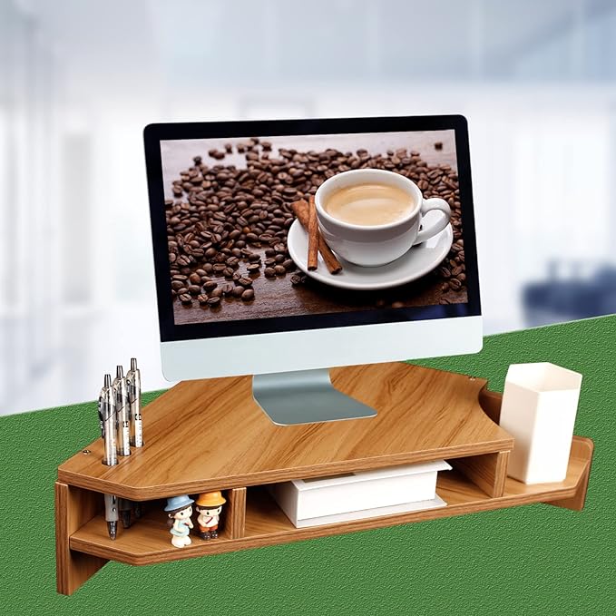 Triangle Monitor Stand Riser, Wooden Triangle Desktop Computer Stand with Office Organization, Walnut Color - Image 2