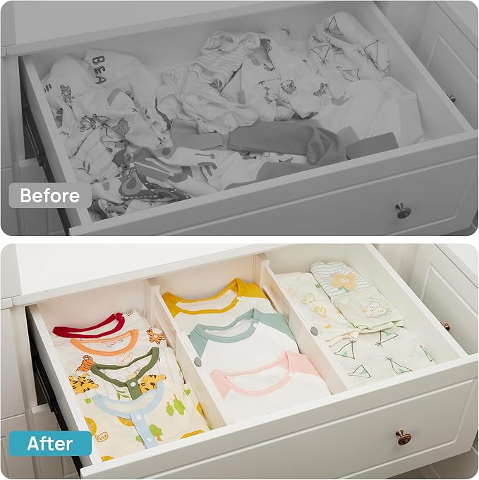 Vtopmart Drawer Dividers for Clothes 4 Pack, Adjustable 4" High Expandable from 11.6"-17" Dresser Drawer Organizer, Plastic Drawers Separators for Dresser, Baby Clothes, Kitchen and Office Storage - Image 4