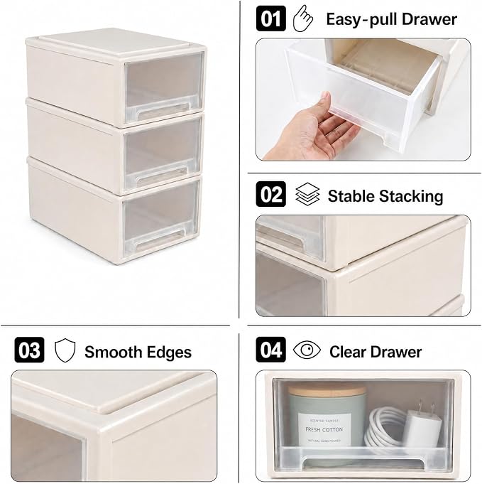 Jekiyo 12 Quart Plastic Stackable Desktop Organizer Drawer Box Pack of 3 - Image 7