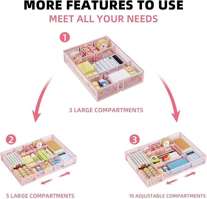 Marbrasse Expandable Desk Drawer Organizer, Mesh Tray with 10 Adjustable Compartments, Desk Organizers for Office Supplies, Makeup & Vanity (Expandable-Pink) - Image 5