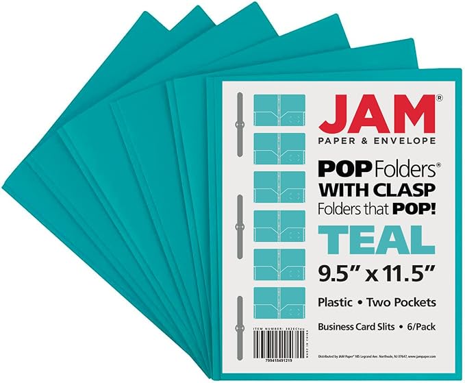 JAM PAPER Plastic Color POP Folders - 2 Pocket Durable Folders with Metal Prongs Fastener Clasps - Teal Blue - 6/Pack - Image 6