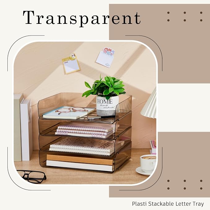 Harloon 4 Tier Clear Gray Acrylic Paper Organizer Letter Tray, Aesthetic Stackable Desk File Organizer Holder Office Tray for A4, Modern Home Office File Pad Books Notes, 13 x 9.8 x 3 Inches - Image 5