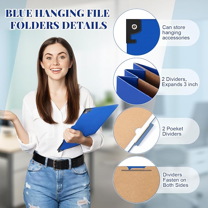 Henoyso 15 Pcs Hanging Classification Folders,2 Pocket Dividers,Dark Blue | Letter Size, Hanging File Folders with 2 Pockets, 3" Expansion, 6 Prong Fasteners, 1/3 Tab Cut, 6 Sections, Pressboard Manila - Image 3