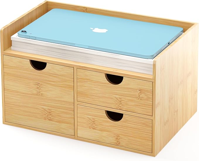 Wisuce Bamboo Desk Drawer Organizer, 3 Drawer Desktop Organizer with Drawers Tabletop Storage Organization Box for Office Home Toiletries Supplies Vanity, No Assembly Required by Wisuce