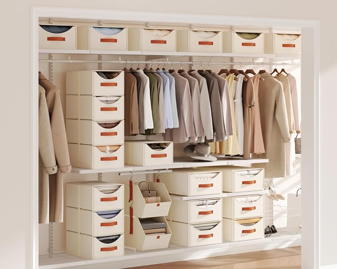 Stackable Storage Drawers - Collapsible Storage Bins with Drawers, 4 Pack Closet Shelf Organizer Basket, Fabric Pull Out Organizer for Bedroom, Living Room, Dorm, Beige - Image 2