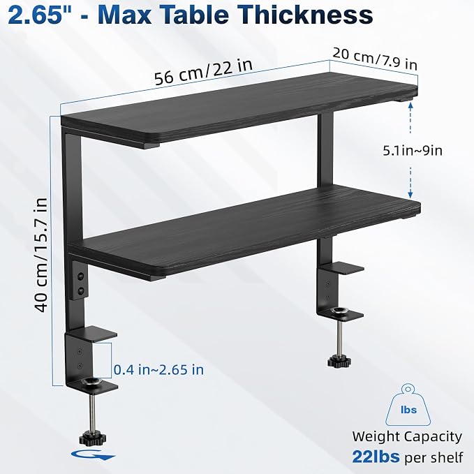 2-Tier Desk Extender, 22-inch Clamp-On Desk Shelf, Height-Adjustable Desktop Shelf Organizer for Monitors Office and Gaming Accessories, Arm Support Table Extension, Black - Image 3