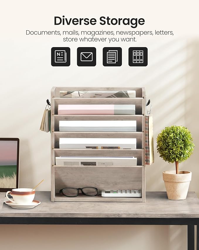 Wall File Organizer, 6-Tier Vertical Mount Hanging Holder with 2 Side Hooks, Modern Wooden Magazine Storage Holder with Bottom Tray, Desk Organizer, for Office, Home, Greige MWJ01FH - Image 8
