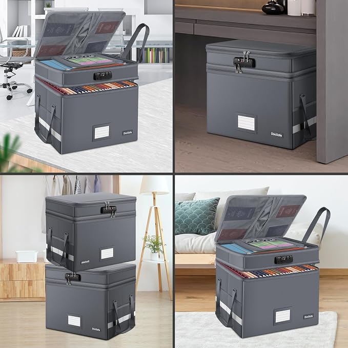 DocSafe File Box with Lock,Multi-Layer Fireproof Document Box Collapsible File Storage Organizer with Pockets/Handle,Large Portable Home Office Filing Box for Hanging Letter/Legal Size Folders,Gray - Image 3