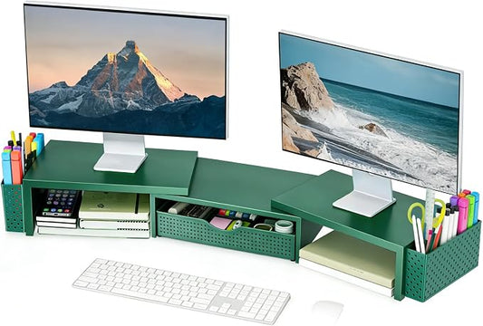 Spacrea Metal Desk Organizers and Accessories, Dual Monitor Stand Riser with Drawer and 2 Pen Holders, Desk Accessories & Workspace Desktop Organizers for Office Supplies (Dark Gree) by Spacrea