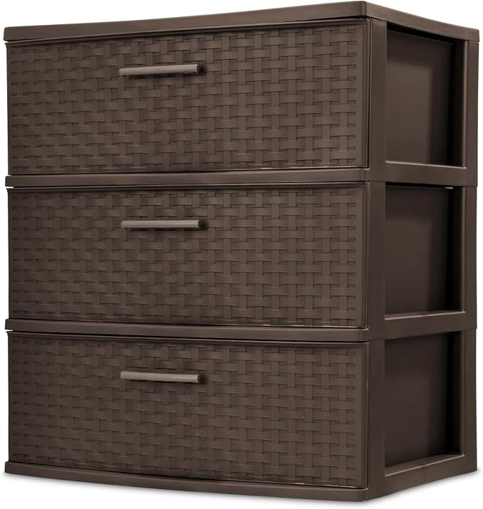 Sterilite Wide 3 Drawer Weave Tower, Home Organizer, Espresso | Organizing Plastic Drawers and Containers for Home, Office, Desk, Clothes, Dresser, Kitchen, and Pantry by Sterilite