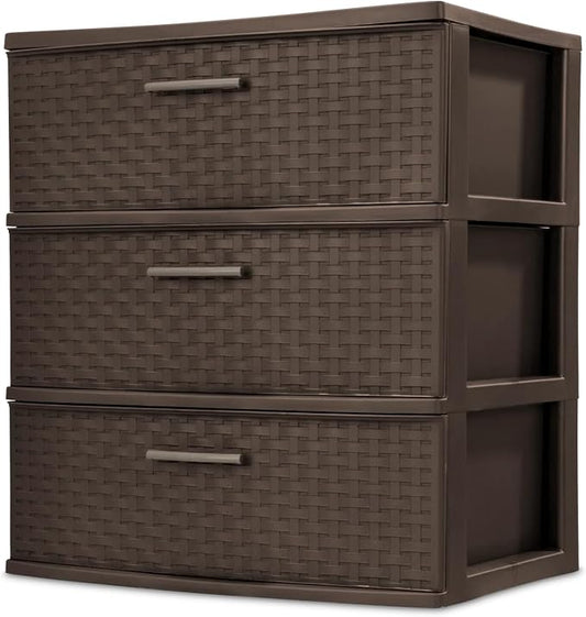 Sterilite Wide 3 Drawer Weave Tower, Home Organizer, Espresso | Organizing Plastic Drawers and Containers for Home, Office, Desk, Clothes, Dresser, Kitchen, and Pantry by Sterilite